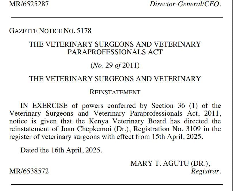 Reinstatement of Dr. Joan Chepkemoi