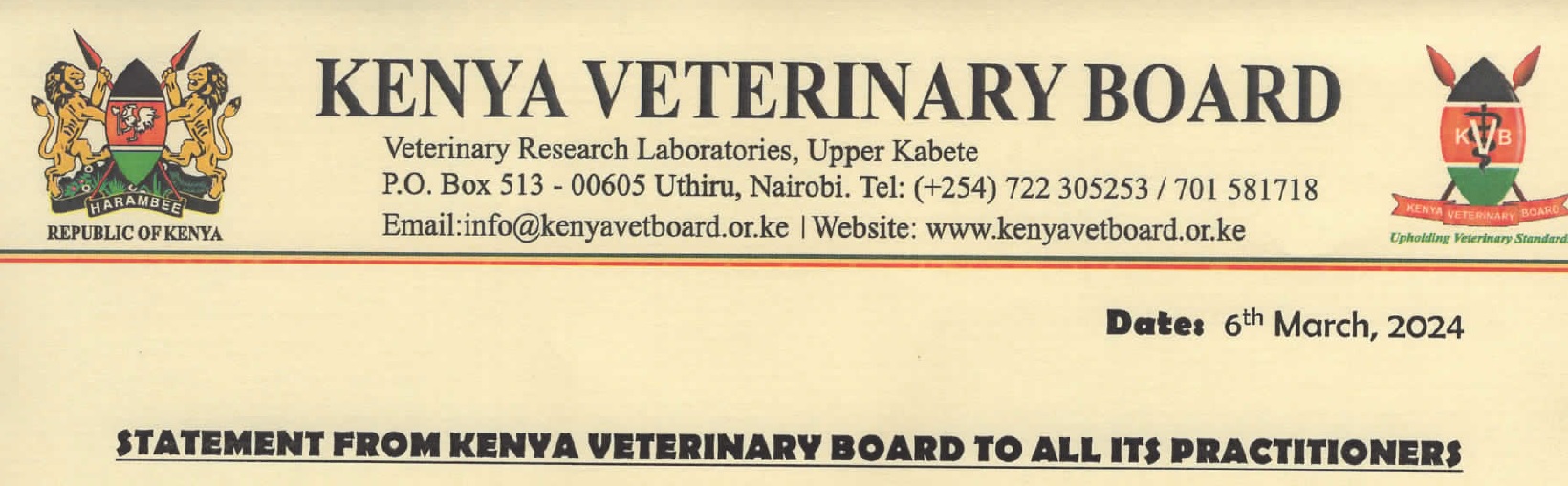 Statement from Kenya Veterinary Board to its practitioners