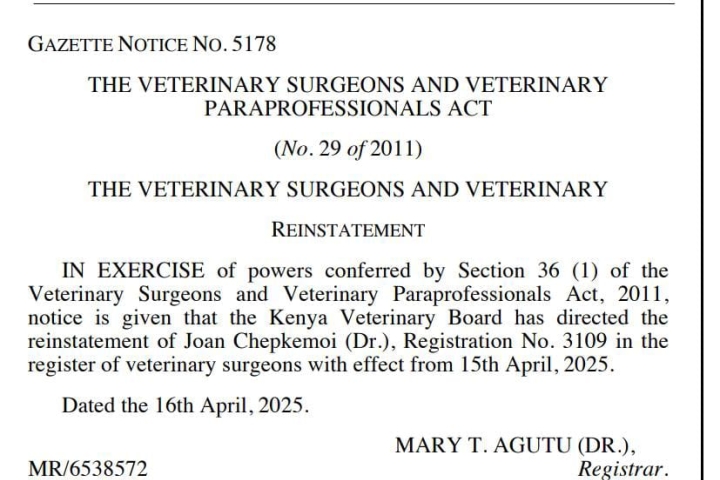 Reinstatement of Dr. Joan Chepkemoi